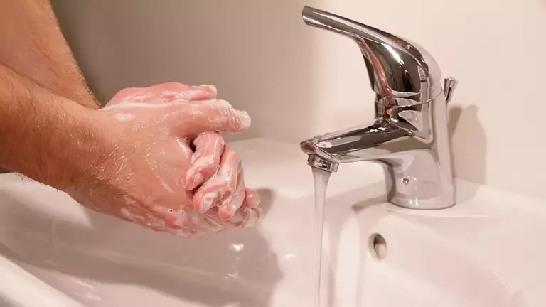 person vasker hænder ved vandhane og håndvask
